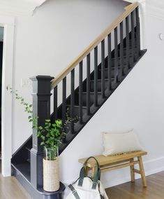 there is a plant on the floor next to a stair case and a bench in front of it