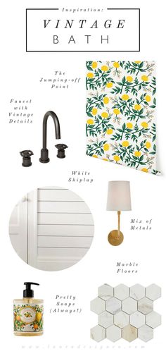 bathroom design board with yellow and green accents