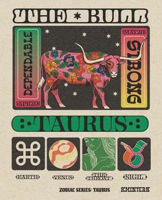 an old poster with some type of animal on it's back side and the words, zodiacs, taurus