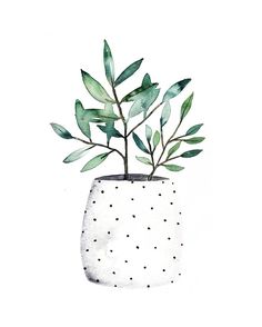 a watercolor painting of a potted plant with green leaves in it's center