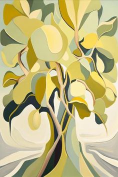 an abstract painting of a tree with yellow and green leaves on it's branches