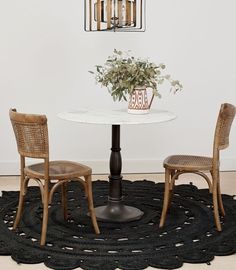 a white table with two chairs and a potted plant sitting on top of it