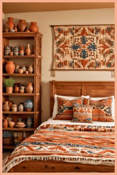 a bed sitting in a bedroom next to a wooden book shelf filled with vases