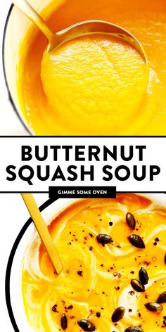 butternut squash soup in a white bowl with a spoon next to it and the title overlay reads butternut squash soup