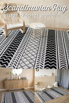 an image of a room with black and white rugs on the floor next to a chair