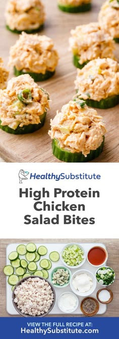 the healthy subs are ready to be eaten with chicken salad bites on top and side