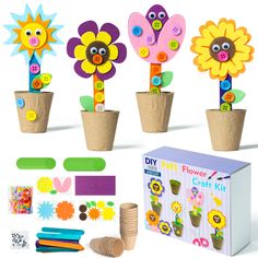 four flower potted plants with buttons and paper flowers in them next to craft kits