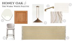 the interior design board for honey oak and the warm white palette