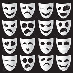 a variety of masks with different facial expressions on black background stockvectors, clipping