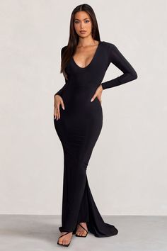 Adore Black Long Sleeve Plunge Maxi Dress with Hood – Club L London - USA Dress With Hood, Plunge Maxi Dress, Black Dress Prom, Black Tie Gala, Gala Dinner, Party Dress Long Sleeve, Stunning Gowns, Black Sequin Dress, Plunge Neckline