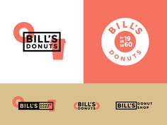 the logo for bill's donuts is shown in three different colors and sizes