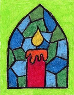 a drawing of a candle in front of a stained glass window