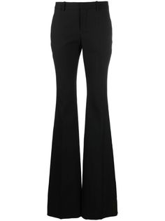 black virgin wool gabardine weave low-rise pressed crease belt loops front hook and eye fastening concealed front zip fastening two side slash pockets two rear button-fastening jetted pockets flared Low Rise Trousers, Wool Trousers, Bell Bottom Pants, Black Trousers, Black Wool, Bell Bottoms, Bottoms Pants, Low Rise, Womens Bottoms