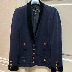 Gorgeous Chanel Navy Jacket With Black Velvet Trim. Size 36. Excellent Condition. Chanel Detailed Buttons Chanel Blazer Outfit, Chanel Blazer, Blue Chanel, Chanel Jackets, Navy Chanel, Chanel Jacket, Navy Jacket, Velvet Trim, Blazer Outfits