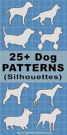 the 25 dog silhouettes are shown in white on blue tile, and have different shapes