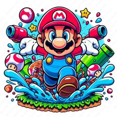 an image of mario running through the water with his arms out and head in the air