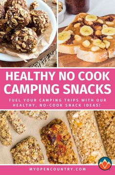 healthy no cook camping snacks with text overlay