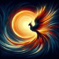 an abstract painting of a bird in the center of a spiral shape with red, orange and blue colors