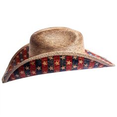 If you love this country, you'll love this Patriot hat! A straw cowboy hat with stars and stripes on the brim with a tasteful black and brown hatband. Also has silver pieces on the hatband Southern Style Fedora For Western-themed Events, Western Style Sun Hat For Rodeo, Western Style Straw Cap For Country Events, Americana Rodeo Hat With Curved Brim, Americana Curved Brim Hat For Rodeo, Americana Style Curved Brim Hat For Rodeo, Curved Brim Hats For Country Festivals, Adjustable Top Hat For Summer Country Events, Adjustable Country Style Top Hat For Country Events