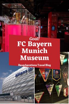 several different images with the words goal, fc bayern munch museum in red