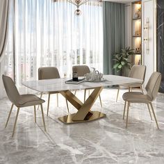 a dining room with marble flooring and white table surrounded by beige upholstered chairs