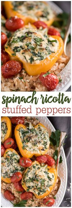 stuffed bell peppers with spinach and ricotta sauce on top are shown in three different pictures