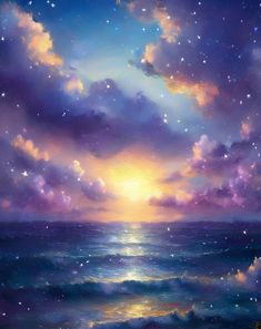 an oil painting of the ocean at night with stars in the sky and clouds above it