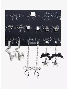 Sweet Society Ribbon Star Earring Set Cute Accessories Earrings, Silver Hoop Earrings With Star Charm For Party, Trendy Party Hoop Earrings With Star Charm, Trendy Hoop Earrings With Star Charm For Party, Earring Set Up, Sweet Society Hot Topic, Hot Topic Earrings, Sweet Society, Ribbon Star