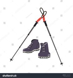 hiking equipment with poles and boots on white background