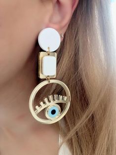 Evil Eye Clay, Eye Clay, Jewelry Earrings Gold, Earrings Clay, Evil Eye Earrings, Eye Earrings, Earrings In Gold, White Colors