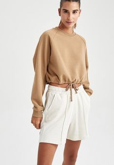 Cropped Sweatshirt, Workout Sweatshirt, Fitted Sweater, Camel