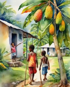 two children are standing in front of a mango tree