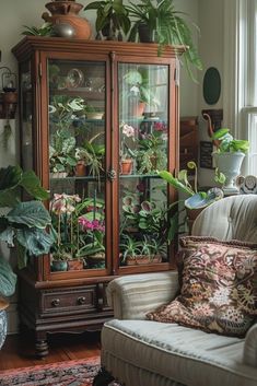 a living room filled with lots of plants and furniture