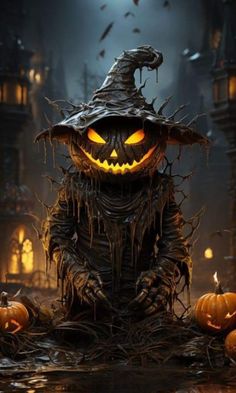 an image of a creepy scarecrow with pumpkins