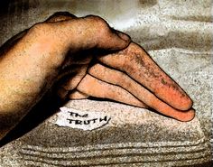 a painting of a person's hand on top of a towel with the word truth written on it