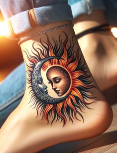 53 Ankle Tattoos: Tiny Canvases, Big Statements Tattoos Tiny, Sun Tattoo Designs, Sun And Moon Tattoo, Ankle Tattoos, Tattoos For Women Flowers, Tasteful Tattoos, Sun Tattoo, Ankle Tattoo, Foot Tattoos