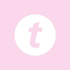 a white circle with the letter t in it's center on a pink background