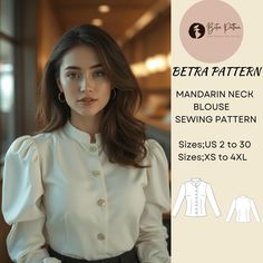 a woman wearing a white blouse and black pants with the words betra pattern mandarin neck blouse sewing pattern sizes s to 4xl