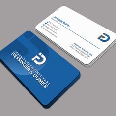 two business cards with the letter p in blue and white, one has an image of a