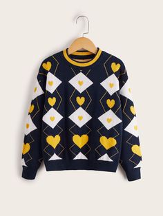 Adopt Idea, Girls Heart, Plaid Pullover, Winter Fashion Outfits Casual, Girls Fall Outfits, Argyle Pattern, Long Sleeve Knit Sweaters, Pattern Sweater, Heart Pattern