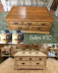 before and after photos of a coffee table made from an old dresser, with the bottom drawer removed