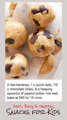 chocolate chip cookies with peanut butter on top are shown in this ad for snacks for kids