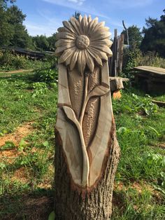 a tree stump with a flower carved into it