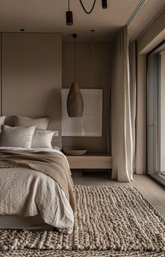 a bedroom with a large bed and lots of pillows on the floor next to a window