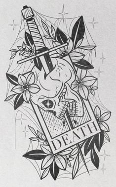 a black and white drawing of a skull with flowers on it