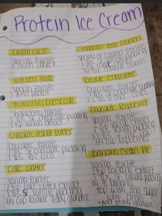 a recipe for protein ice cream written on a piece of paper with writing underneath it