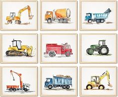 six framed pictures with different types of trucks and construction vehicles on them, all painted in various colors