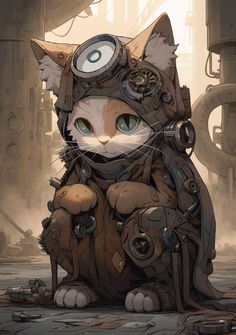 a cat in a steampunk suit sitting on the ground