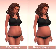 two images of a pregnant woman with ear buds in her ears and wearing a black bra