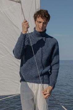 Pure merino wool knitted mens sweater is inspired by classic Scandinavian style. Warm and comfortable woolen sweater delivers simplicity, style and ability to wear this sweater whenever you are spending time in nature or going to the theater, restaurant with your family or friends. Model in a picture is 187 cm / 6'1 ft wearing size L Composition: 100% merino wool This year we are inviting customers to buy Christmas presents from small family businesses & stand together during this crazy time. Ha Navy Wool Sweater Men, Knitted Sweaters Mens, Men’s Chunky Sweater, Mens Merino Wool Sweaters, Handmade Sweater For Men, Men’s Winter Sweater, Men's Turtleneck Sweater, Mens Modern Outfits, Nordic Fashion Mens